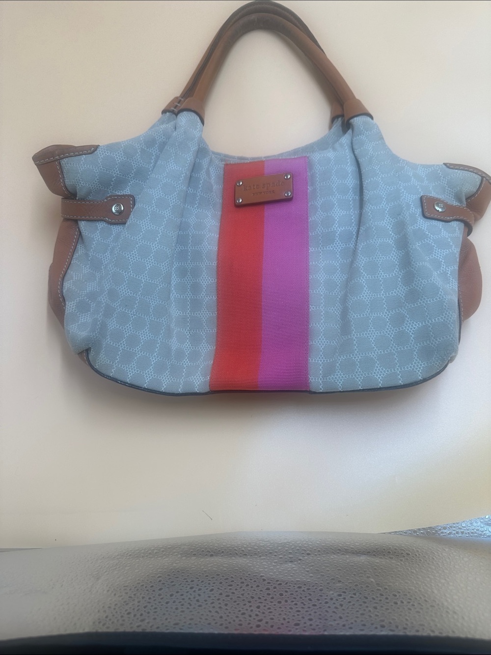 kate spade Light Blue Shoulder Bag with Pink and Red Center Stripe